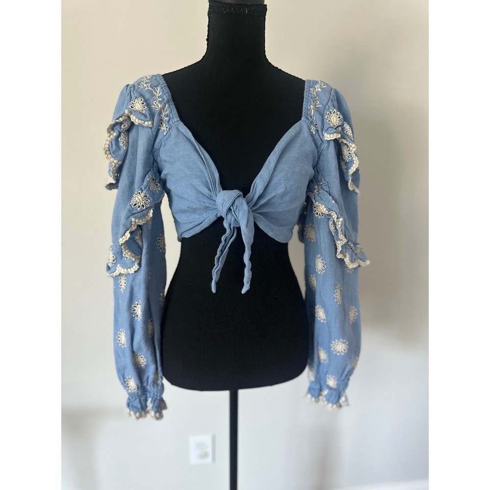 LoveShackFancy Blue Eyelet Ruffle Sleeve Tie Front Crop Top Blouse Large - Picture 3 of 9